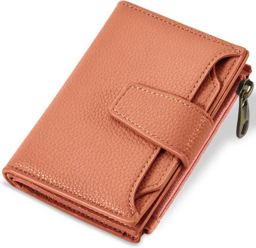 Vista 14 de Airkit Cartera para mujer, pequeña cartera de cuero para mujer, plegable, compacta, con bloqueo RFID, tarjetero de crédito, mini bolso de viaje