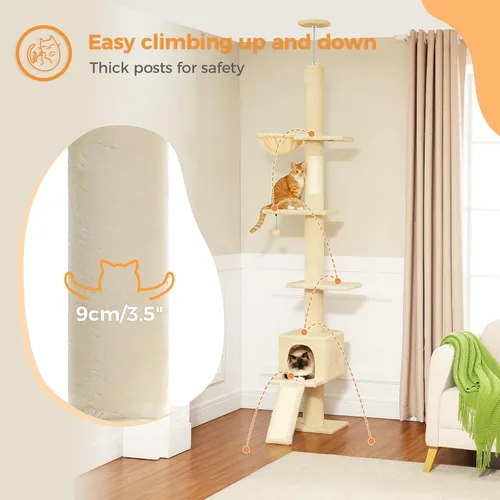 Vista 5 de PEQULTI Árbol para gatos de piso a techo, torre alta para gatos, altura ajustable (83-108 pulgadas), 5 niveles de árbol trepador para gatos