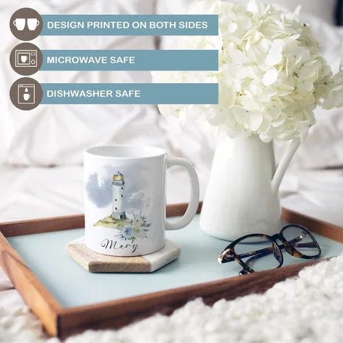 Vista 2 de Taza de cerámica personalizada con faro floral azul