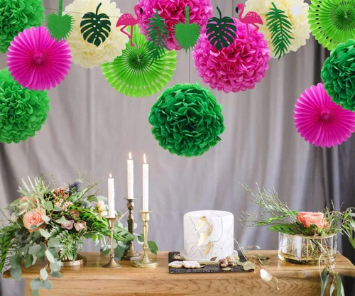 Vista 4 de Decoraciones de fiesta hawaiana, pancarta de hoja de palma verde flamenco con pompones, flores de papel, abanicos de papel de seda para Luau