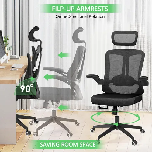 Vista 7 de Silla de oficina de malla, ergonómica con soporte lumbar, color negro, estilo moderno, respaldo de malla, bloqueo de inclinación de 90-135