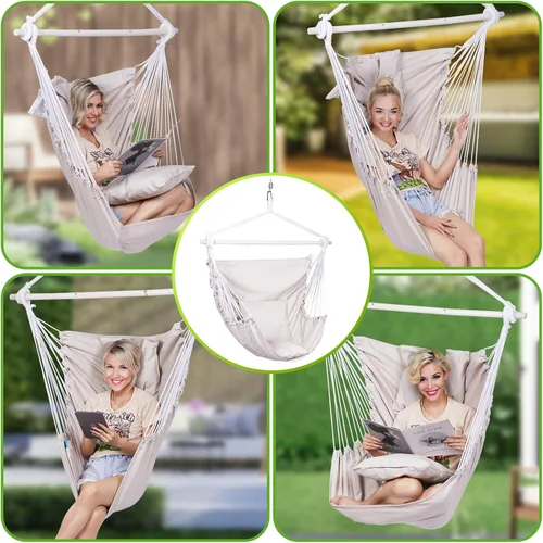 Vista 3 de Backyard Expressions Silla Hamaca Colgante con Cojines y Kit para Colgar – Capacidad de 500 lb, Tela de Mezcla de Algodón, para Uso