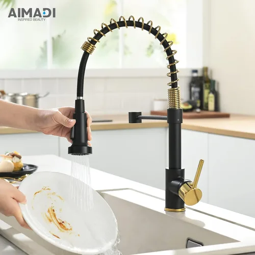 Vista 9 de AIMADI Grifo de cocina negro mate, grifo de cocina negro y dorado con rociador desplegable, grifos de fregadero comerciales de resorte con una sola