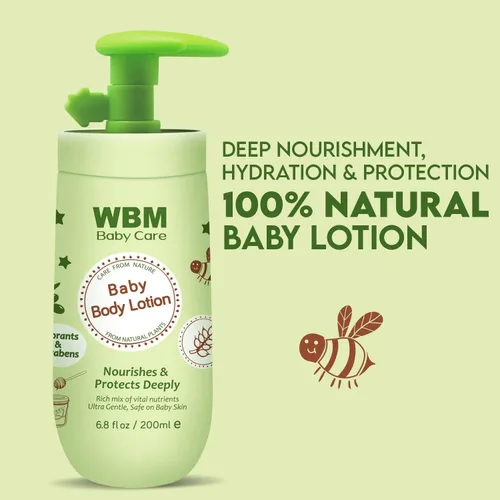 Vista 2 de WBM Care Baby Lotion Nutre y protege profundamente Loción facial y corporal con miel natural y aceite de germen de trigo, 6.8 onzas