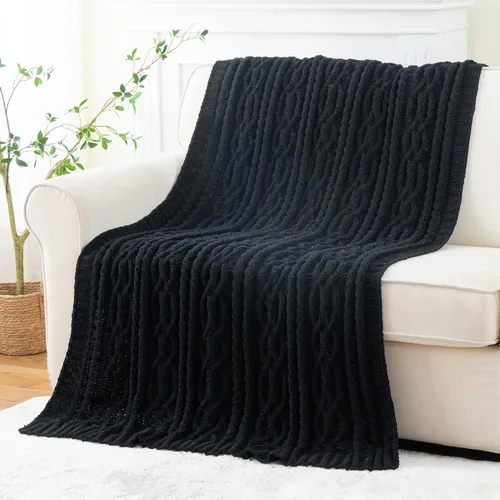 Vista 7 de Battilo Manta Negra para Sofá, Manta de Punto Cable para Cama, Silla, Decoración del Hogar, Manta de Chenilla Tejida Suave y Acogedora, Manta Negro
