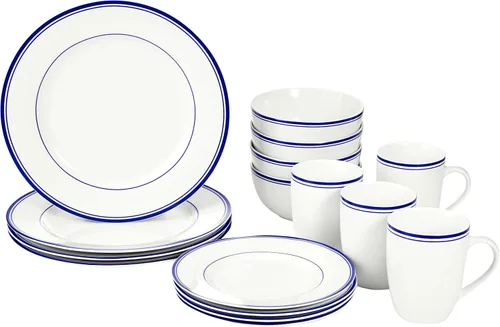Vista 9 de Amazon Basics - Juego de vajilla de cocina de 16 piezas con rayas de café, platos, cuencos, tazas, servicio para 4, color negro