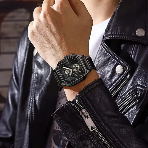 Vista 6 de BY BENYAR AKNIGHT Men's Square Watches with Black Leather Strap, Chronograph Function, Stylish Business Watch, Waterproof Luminous Casual Wrist