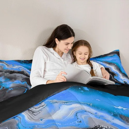 Vista 6 de Feelyou Juego de edredón abstracto para todas las estaciones, juego de ropa de cama negro y azul con 1 funda de almohada con estampado de mármol