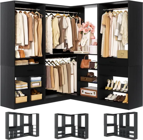 Vista 17 de Unikito Organizador de armario de 25 pulgadas de ancho x 80 pulgadas de alto, con barra para colgar y 2 cajones de madera, zapatero ajustable