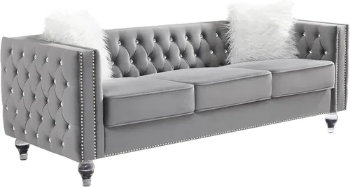 Vista 11 de mikibama Sofá de 3 plazas de terciopelo de 80.5 pulgadas para sala de estar, sofás de 3 asientos con botones copetudos con bordes de clavos, sofás
