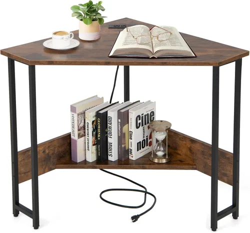 Vista 10 de COSTWAY Escritorio esquinero para computadora, con puertos USB y toma de corriente, estante de almacenamiento para espacios pequeños, escritorio