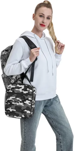 Vista 6 de Lonchera de camuflaje de camuflaje blanco y negro para adolescentes, niñas, niños, hombres y mujeres, bolsa de almuerzo portátil, lonchera aislada