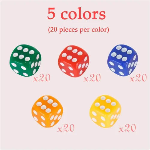 Vista 5 de PowerKing Juego de 100 dados multicolor prémium de 0.630 in (5 colores), tamaño estándar, acrílico duradero, perfecto para juegos de mesa