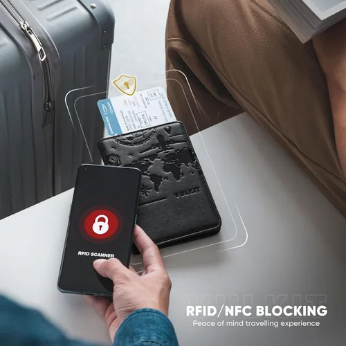 Vista 5 de VULKIT Soporte para pasaporte, cierre magnético, bloqueo RFID, cartera de viaje, funda para libro de pasaporte, soporte para tarjeta de embarque