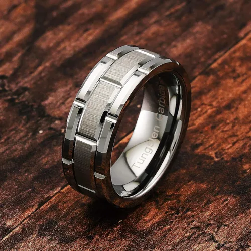 Vista 2 de 100S JEWELRY - Anillos de tungsteno cepillado, de boda o compromiso, para hombre, patrón de ladrillos plateados, tallas 6-16