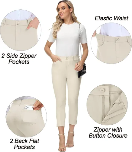 Vista 3 de PUWEER Pantalones capri para mujer, elegantes, casuales, elásticos, rectos, con bolsillos