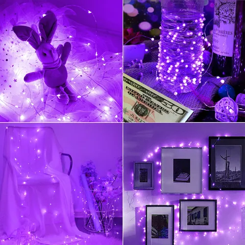 Vista 5 de Paquete de 2 luces negras UV, funciona con pilas, 16.4 pies 2835 luces LED UV, 8 modos, luces negras flexibles, luces de hadas con control remoto