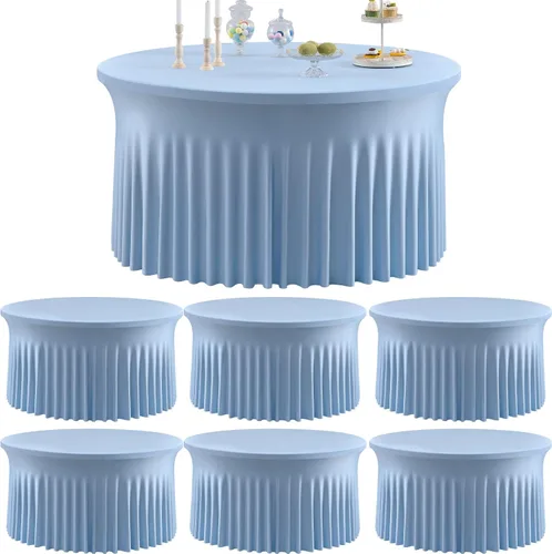 Vista 44 de Paquete de 6 manteles redondos de elastano azul bebé para mesa de 60 pulgadas, manteles elásticos de 120 pulgadas ajustables de 5 pies, manteles