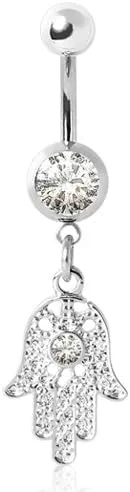 Vista 3 de PIERCE ME (2 unidades) Anillo de ombligo chapado en oro brillante Hamsa y circonita cúbica transparente Hamsa Amuleto colgante 14G, Acero aleado, N