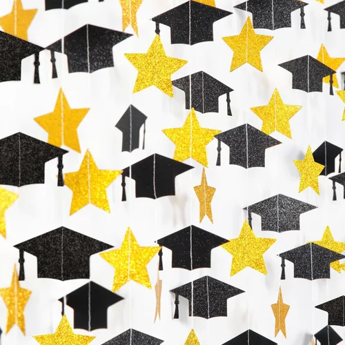Vista 2 de Guirnalda de Decoraciones de Fiesta de la Clase de Graduación 2026 Negro-Dorado - Banderines y Serpentinas de Sombrero de Graduado con Estrella