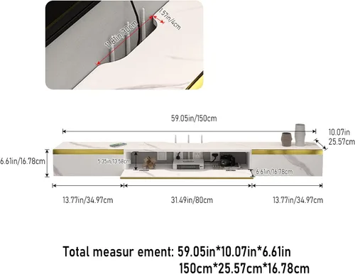Vista 2 de Pmnianhua Estante Flotante de TV con Cajones, Consola de TV Montada en Pared de 59'', Estante de Medios de Entretenimiento con 2 Cajones y 1 Puerta