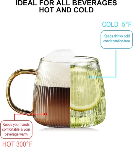 Vista 3 de Juego de 2 tazas de café de cristal únicas de alta calidad con elegante patrón de rayas verticales, mango amarillo claro (transparente)