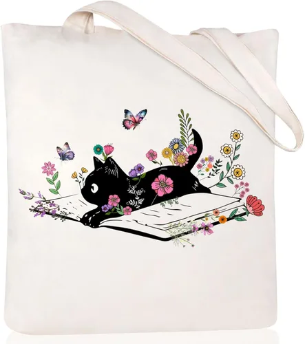 Vista 23 de Andeiltech - Bolsa de lona para mujer, con diseño de gato bonito y estética, bolsas reutilizables para compras y comestibles, con bolsillo