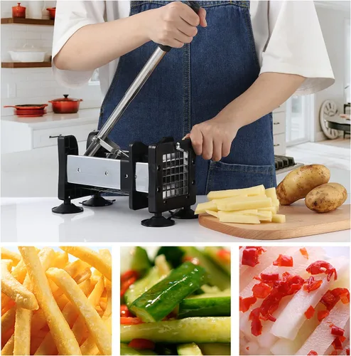 Vista 2 de Votron Cortador de patatas fritas de acero inoxidable con 2 tamaños de cuchillas duraderas para verduras, papas, cebollas, zanahorias, pepinos