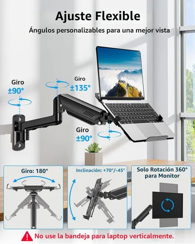 Vista 3 de MOUNTUP Soporte de pared para laptop, soporte ajustable para laptop de máximo 17" notebook o monitor máximo de 32", soporte de pared para laptop