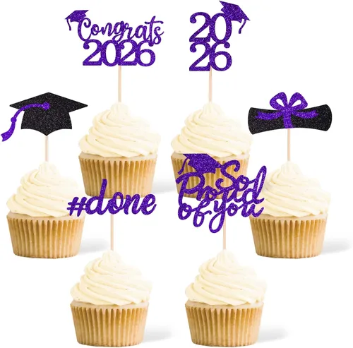 Vista 11 de 36 adornos para cupcakes de graduación de clase 2026, con purpurina azul de doble cara para suministros de fiesta de graduación, decoraciones