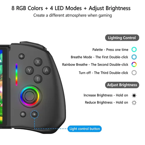 Vista 6 de RREAKA Wireless Switch Controllers for Nintendo SwitchOLED Controller, Ergonomic Handheld Mode Controller with 9 Lights Color, One Piece Joypad