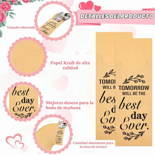 Vista 3 de Gueevin 100 piezas Tomorrow Will Be The Best Day Ever - Bolsas de papel para cubiertos de papel de boda, fundas para cubiertos, bolsa de utensilios