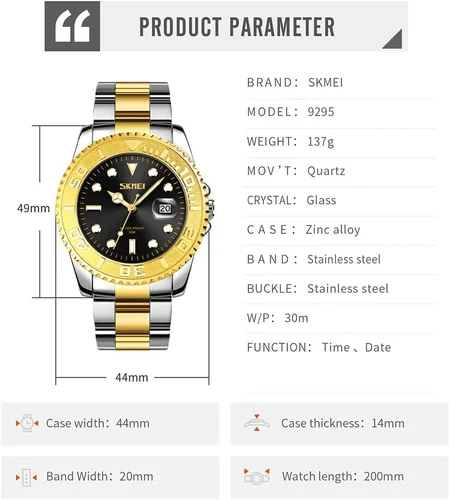 Vista 6 de SKMEI Watch for Men Waterproof Fashion Casual Silver Stainless Steel Big Face Analog Quartz Luminous Luxury Dress Business Dad Father Gift Green