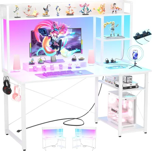 Vista 12 de Cyclysio Escritorio para juegos con gabinete, escritorio para computadora de 39 pulgadas con luces LED y tomas de corriente, escritorio de oficina