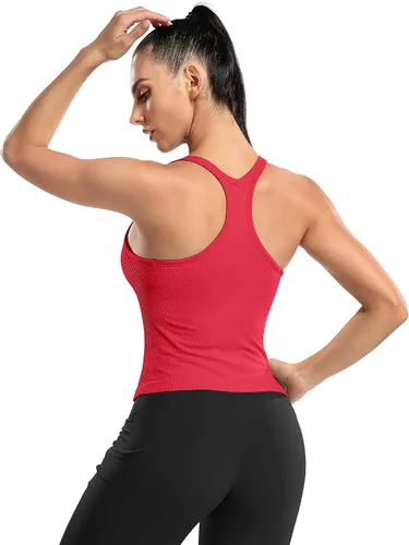 Vista 57 de ATTRACO Camiseta corta acanalada de entrenamiento para mujer con brasier integrado para yoga, espalda cruzada, ajuste ajustado