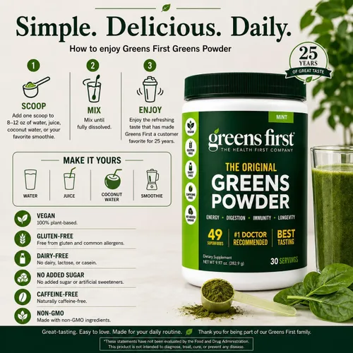 Vista 7 de Greens First Original Greens en polvo, menta, 30 porciones 49 superalimentos, frutas y verduras orgánicas, prebióticos, probióticos y enzimas