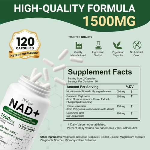 Vista 2 de Ncduyde Suplemento NAD+, liposomal NAD nicotinamida ribósido resveratrol 1500 mg - Anti-envejecimiento y salud cerebral, mejora la energía