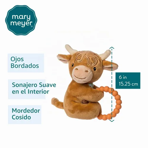 Vista 2 de Mary Meyer Sonajero suave para bebé con anillo de mordedor relajante, 6 pulgadas, vaca Hetty Highland
