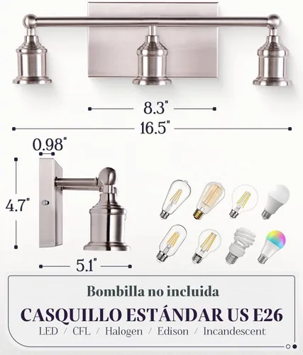 Vista 5 de Lámpara de tocador de 3 luces, moderna lámpara de pared de níquel cepillado, iluminación industrial de pared de tocador de baño para espejo, base