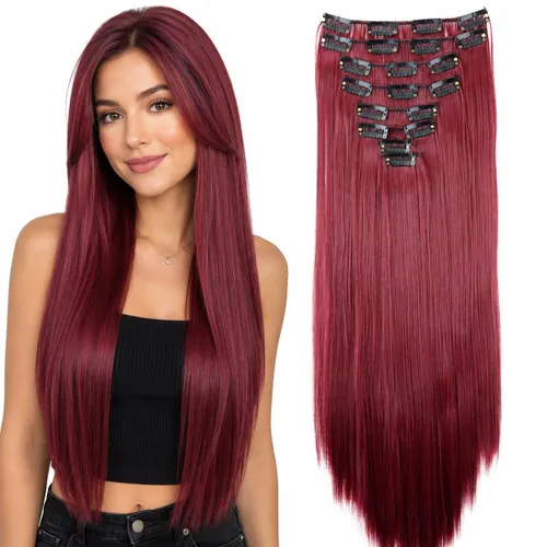 Vista 10 de CAISHA XXL - Juego de 8 extensiones de cabello con clip de 24 pulgadas, extensiones de cabello lacio rojo burdeos CES10