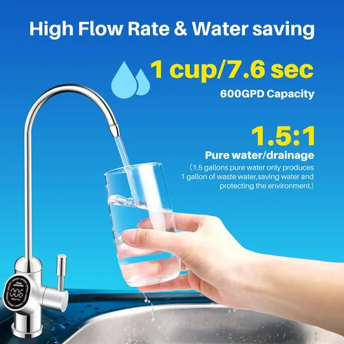 Vista 4 de ICEPURE Sistema de ósmosis inversa debajo del fregadero, 600 GPD, 1.5:1 puro para drenar, reducción TDS, grifo inteligente, lectura TDS en tiempo