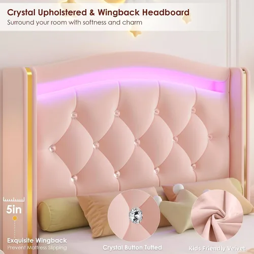 Vista 4 de Hifit Base de cama LED, tamaño individual, cabecera capitoné con botones de cristal, 4 cajones, moderna, piel sintética, de princesa, para niñas,