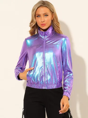 Vista 3 de Allegra K Chaqueta metálica holográfica brillante para mujer, manga larga, ligera, con cremallera