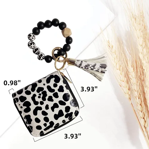 Vista 3 de Llavero de pulsera con bonito estampado de vaca, tarjetero con bolsillo, monedero, llavero para mujer