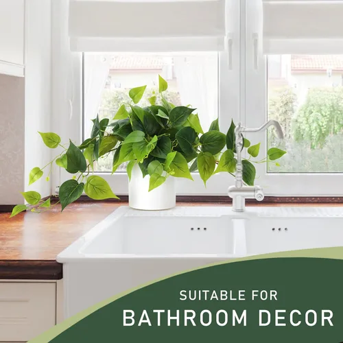 Vista 5 de Planta sintética en maceta, plantas decorativas de Pothos falsos con maceta de cerámica blanca para estante de escritorio, baño, decoración de sala