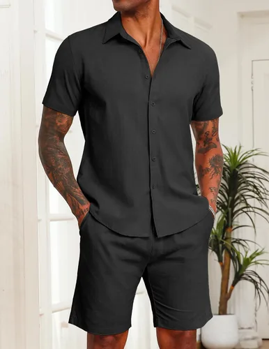Vista 14 de COOFANDY Conjunto de 2 piezas de algodón y lino para hombre, camisas de manga corta con botones, pantalones cortos de playa de verano, trajes