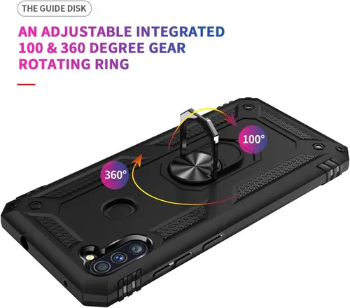 Vista 5 de TJS Funda compatible con Samsung Galaxy A11, con protector de pantalla de vidrio templado, anillo de metal, soporte magnético, funda protectora Negro
