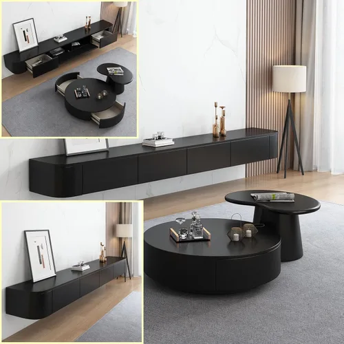 Vista 10 de Consola flotante de TV para montaje en pared, gran unidad negra con cajones de almacenamiento y soporte de enrutador, 94.5 x 7.9 x 9.4 in