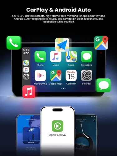 Vista 2 de CHIGEE AIO-5 EVO - Sistema de conducción inteligente para motocicleta, CarPlay inalámbrico y Android Auto, doble cámara de salpicadero delantera