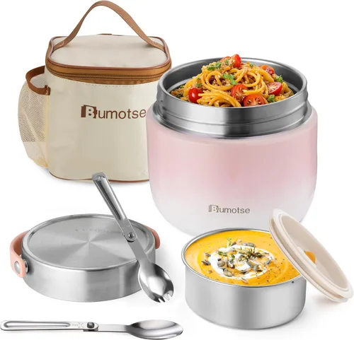 Vista 11 de Tarro de comida aislado de 40 onzas con 2 compartimentos, termo a prueba de fugas para comida caliente, boca ancha, acero inoxidable, incluye Negro